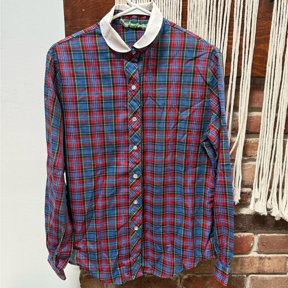 Vintage Plaid Button-Down Shirt in Red, Blue & Green with White Collar